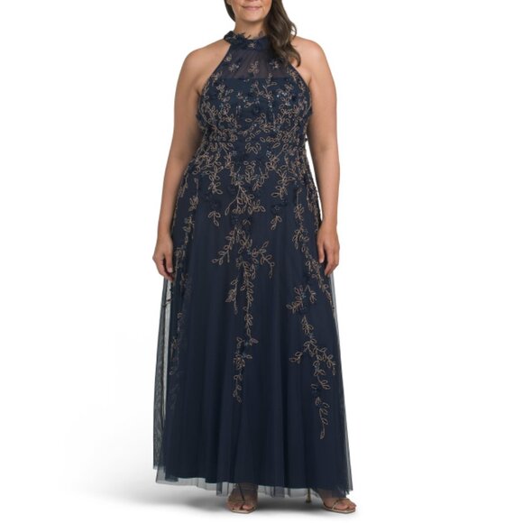 ADRIANNA PAPELL Rose Gold/Navy Sleeveless Halter Beaded Gown - Picture 1 of 2